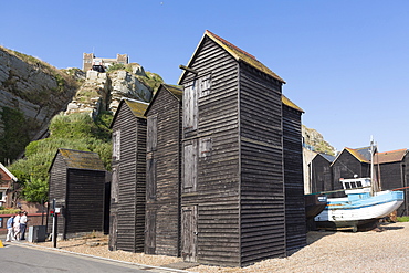 The Stade, net huts (net shops) and funicular railway in the centre of Old Town, Hastings, East Sussex, England, United Kingdom, Europe