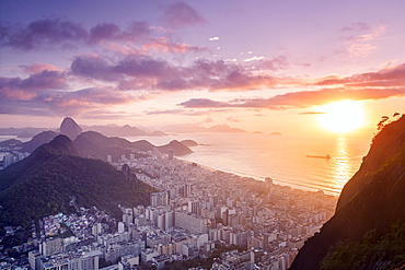 Dawn view of the Sugar Loaf, Sao Joao favela, Guanabara bay, the Atlantic and the mountains of Rio and Niteroi, Rio de Janeiro, Brazil, South America