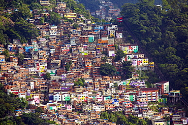 View of the Santa Marta favela (slum community) showing the funicular railway, Rio de Janeiro, Brazil, South America