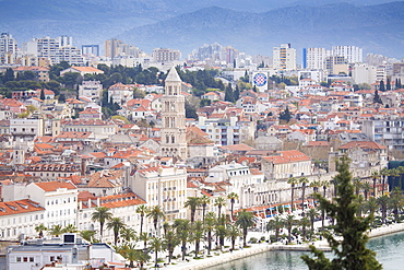 View of harbour and town centre showing the steeple of the cathedral of St. Duje, Split, Dalmatia, Croatia, Europe