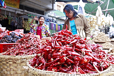 Chilli peppers at Monywa market, Monywa, Sagaing, Myanmar, Southeast Asia