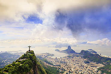 View of the Christ statue, Sugar Loaf and Guanabara Bay. Rio de Janeiro, Brazil, South America