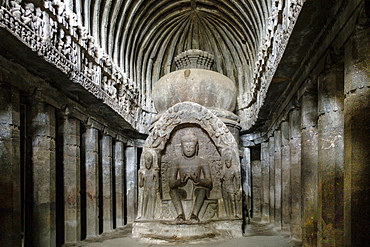 Sculpture of the Buddha in the main room of the temple of Vishvakarma (Cave 10), Ellora Caves, UNESCO World Heritage Site, Maharashtra, India, Asia