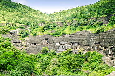 General view of the Ajanta Caves, UNESCO World Heritage Site, Maharashtra, India, Asia