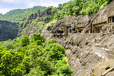 General view of the Ajanta Caves, UNESCO World Heritage Site, Maharashtra, India, Asia