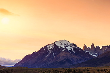 The Torres del Paine granite towers and central massif at the heart of the park, Torres del Paine National Park, Patagonia, Chile, South America