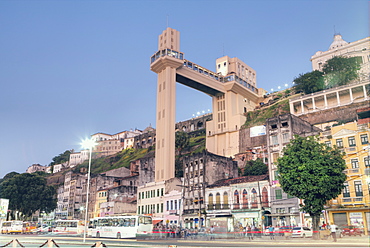 Twilight view of the Lacerda lift from the Lower City, Salvador, Bahia, Brazil, South America