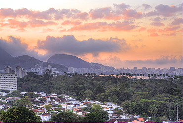 View of Rodrigo de Freitas lagoon and the Botanical Gardens district at dawn, Rio de Janeiro, Brazil, South America