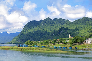 Son River and Catholic Church in the Phong Nha Ke Bang National Park, Quang Binh, Vietnam, Indochina, Southeast Asia, Asia