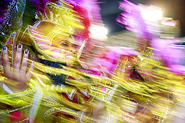 Dancers at the main Rio de Janeiro Carnival parade in the Sambadrome (Sambodromo) arena, Rio de Janeiro, Brazil, South America