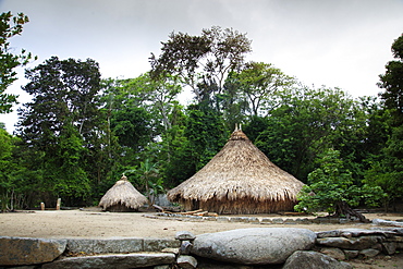 Circular huts in Pueblito, a Kogi indigenous village in Tayrona National Park, Colombia, South America