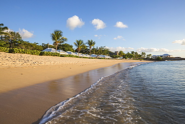 Blue sky and palm trees frame the beach and the Caribbean sea, Hawksbill Bay, Antigua, Antigua and Barbuda, Leeward Islands, West Indies, Caribbean, Central America