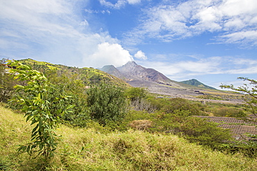 View of the haze around the peak of Soufriere Hills volcano, Montserrat, Leeward Islands, Lesser Antilles, West Indies, Caribbean, Central America