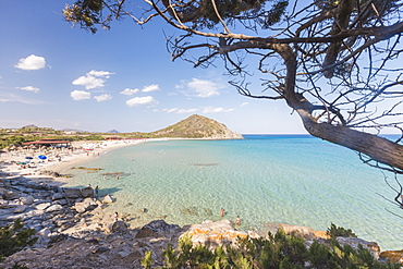 Mediterranean vegetation frames the bay and the turquoise sea of Cala Monte Turno, Castiadas, Cagliari, Sardinia, Italy, Mediterranean, Europe