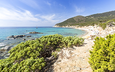 Mediterranean vegetation frames the beach and the turquoise sea of Porto Sa Ruxi, Villasimius, Cagliari, Sardinia, Italy, Mediterranean, Europe