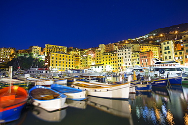 Dusk light on harbour and fishing village of Camogli, Gulf of Paradise, Portofino National Park, Genoa Province, Liguria, Italy, Europe