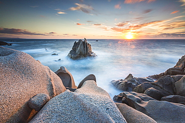 The light of sunset on blue sea framed by cliffs, Capo Testa, Santa Teresa di Gallura, Province of Sassari, Sardinia, Italy, Mediterranean, Europe