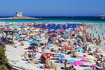 Tourists and beach umbrellas at La Pelosa Beach, Stintino, Asinara National Park, Province of Sassari, Sardinia, Italy, Europe