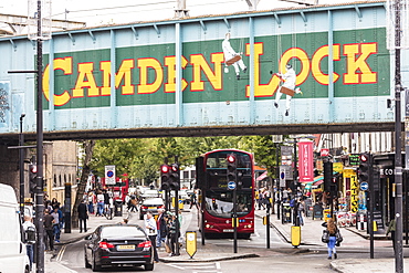 Double decker bus on the shopping streets of Camden Lock Market, North West Londo, London, England, United Kingdom, Europe