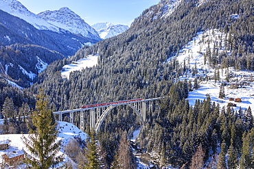 Red train of Rhaetian Railway on Langwieser Viaduct surrounded by snowy woods, Canton of Graubunden, Switzerland, Europe