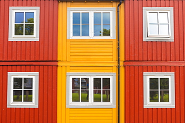 Details of facades and windows of typical wooden houses of fishermen in Svolvaer, Vagan, Lofoten Islands, Norway, Scandinavia, Europe