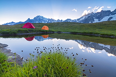 Camping tents in the green meadows surrounded by flowers and alpine lake, Mont De La Saxe, Courmayeur, Aosta Valley, Italy, Europe