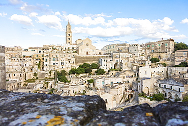 View of the ancient town and historical center called Sassi, perched on rocks on top of hill, Matera, Basilicata, Italy, Europe