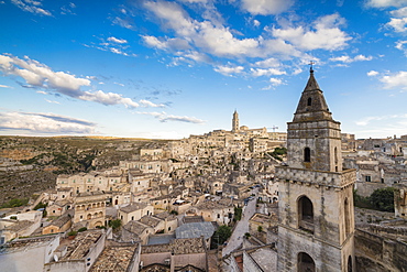 View of the ancient town and historical center called Sassi, perched on rocks on top of hill, Matera, Basilicata, Italy, Europe