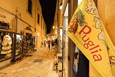 Handmade souvenirs and crafts in an alley of the old town, Otranto, Province of Lecce, Apulia, Italy, Europe