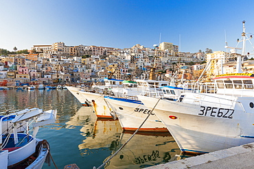 Fishing boats moored in the harbour surrounded by blue sea and the old town, Sciacca, Province of Agrigento, Sicily, Italy, Mediterranean, Europe