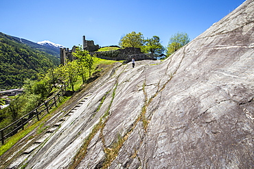 The great Rupe Magna in Grosio, on which ancient peoples have left their testimony. Valtellina, Lombardy, Italy, Europe