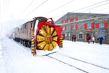 Turbine of snowplow of Bernina Express train, station of Ospizio Bernina, Poschiavo, Engadine, Canton of Graubunden, Switzerland, Europe