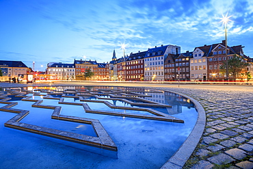 Fountain at night in Bertel Thorvaldsen's Square where Thorvaldsens Museum is located, Copenhagen, Denmark, Europe