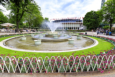 Fountains and the Concert Hall in the background, Tivoli Gardens, Copenhagen, Denmark, Europe