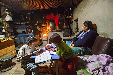 Interior of a Tumling house, where a family of the Gurung ethnicity lives at an altitude of 2900 meters, Ilam District, Nepal, Asia