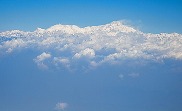 Kangchenjunga, the third highest peak in the world, viewed from a plane, Bandogra to Paro flight, Himalayas, India, Asia