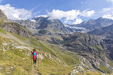 Hiker on path Sentiero Glaciologico with Fellaria Glacier in the background, Malenco Valley, Valtellina, Lombardy, Italy, Europe