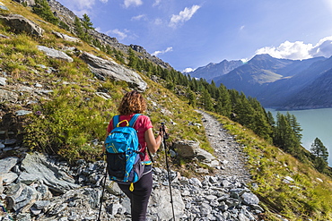 Hiker on path towards Rifugio Bignami beside the dam and water basin of Alpe Gera, Malenco Valley, Valtellina, Lombardy, Italy, Europe