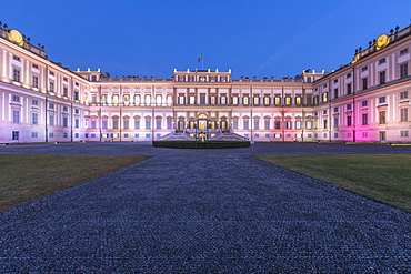 Facade of Villa Reale illuminated at dusk, Monza, Lombardy, Italy, Europe