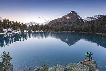 Lago di Saoseo and Corn Da Murasciola at sunrise, Val di Campo, Poschiavo region, Canton of Graubunden, Switzerland, Europe