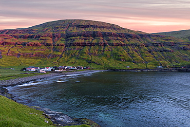 The village of Tjornuvik at sunrise, Sunda Municipality, Streymoy Island, Faroe Islands, Denmark, Europe