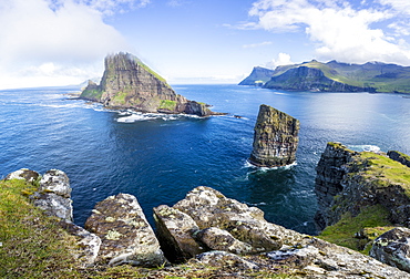 Panoramic of the sea stacks of Drangarnir and Tindholmur islet, Vagar Island, Faroe Islands, Denmark, Europe