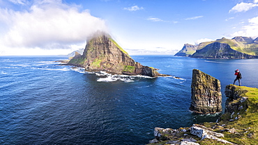 Panoramic of the sea stacks of Drangarnir and Tindholmur islet, Vagar Island, Faroe Islands, Denmark, Europe