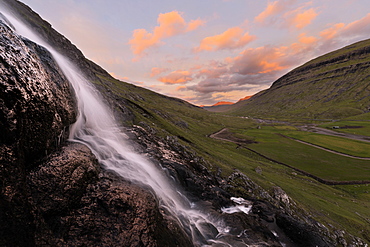 Waterfall at sunset, Saksun, Streymoy Island, Faroe Islands, Denmark, Europe