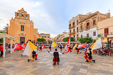 Parade of traditional costumes and flags, Favignana island, Aegadian Islands, province of Trapani, Sicily, Italy, Europe