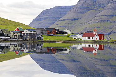 Village and church, Hvannasund, Vidoy Island, Faroe Islands, Denmark, Europe