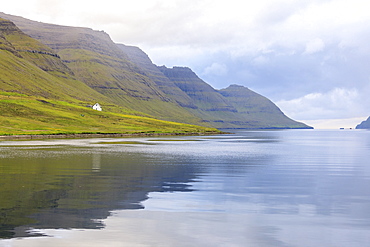 View of fjord towards sea from Norddepil, Bordoy island, Faroe Islands, Denmark, Europe