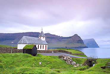 Church of Vidareidi by the sea, Vidoy Island, Faroe Islands, Denmark, Europe