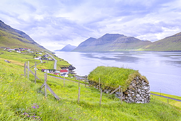 Traditional house with grass roof, Kunoy Island, Nordoyar, Faroe Islands, Denmark, Europe