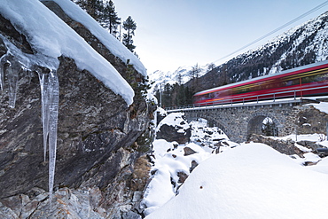 Bernina Express train in the snowy landscape, Morteratsch, Engadine, Canton of Graubunden, Switzerland, Europe